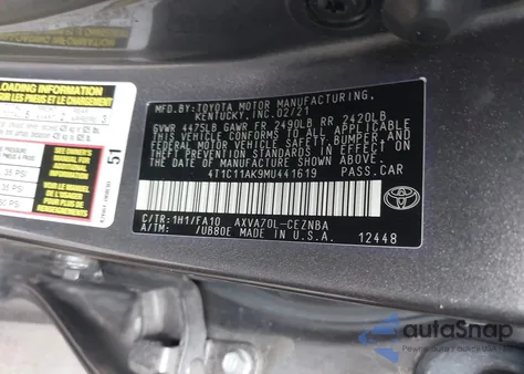 2021 Toyota Camry Le из США, поврежденный, VIN 4T1C11AK9MU441619